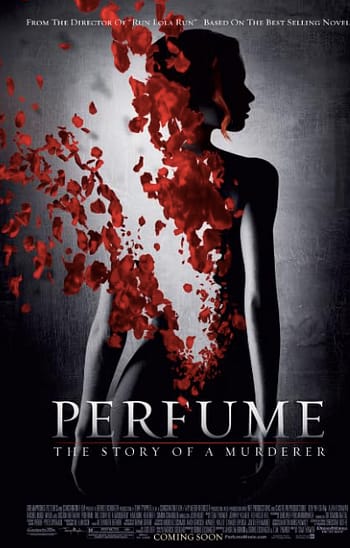 A picture of the movie poster for Perfume: The Story of a Murderer (2006). The poster features a young man with long, dark hair and piercing blue eyes. He is holding a bottle of perfume in his hand.